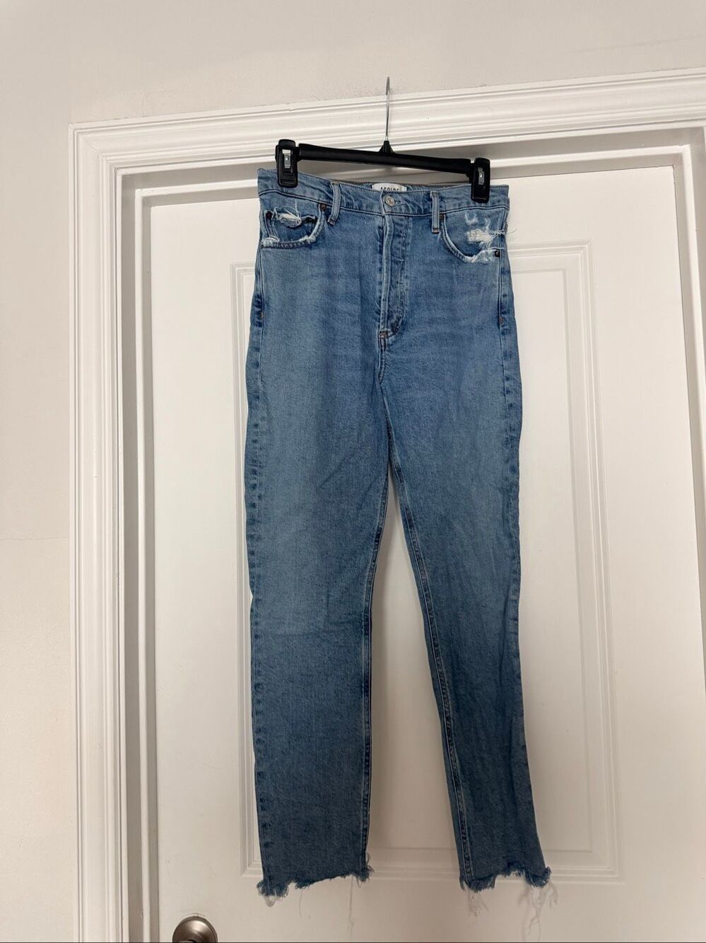 Agolde High Rise Straight Leg Blue Denim Jeans Raw Hem Distressed Size 26